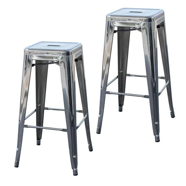 AmeriHome Loft Style 30 in. Stackable Metal Bar Stool in Chrome Silver (Set of 2)