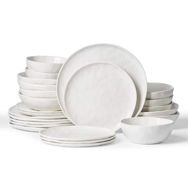 24-Piece Handmade Wave Edge Porcelain Dinnerware Set in Polar White Service for 6 Dinnerware Sets