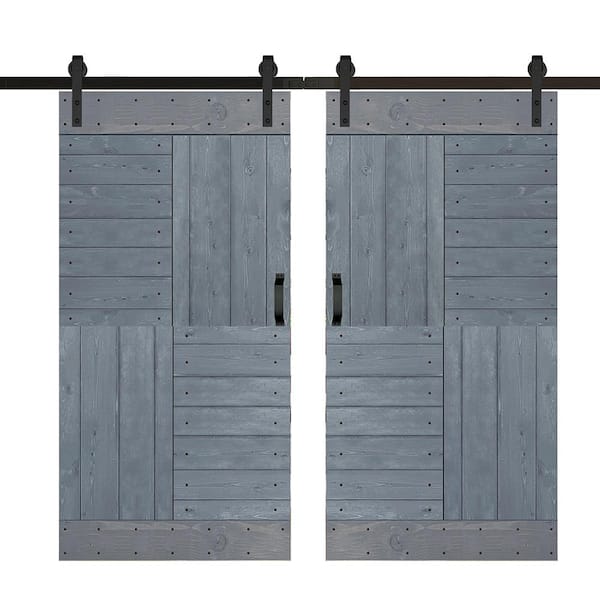 ISLIFE S Series 84 in. x 84 in. Dark Gray Finished DIY Solid Wood Double Sliding Barn Door with Hardware Kit