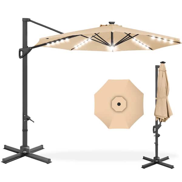 Best Choice Products 10 ft. 360-Degree Solar LED Cantilever Patio Umbrella, Outdoor Hanging Shade w/Lights - Sand