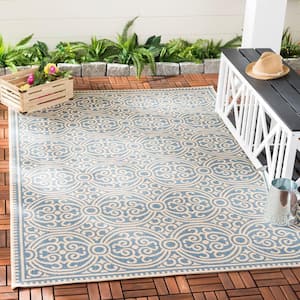 Beach House Cream/Blue Doormat 2 ft. x 4 ft. Floral Medallion Indoor/Outdoor Area Rug