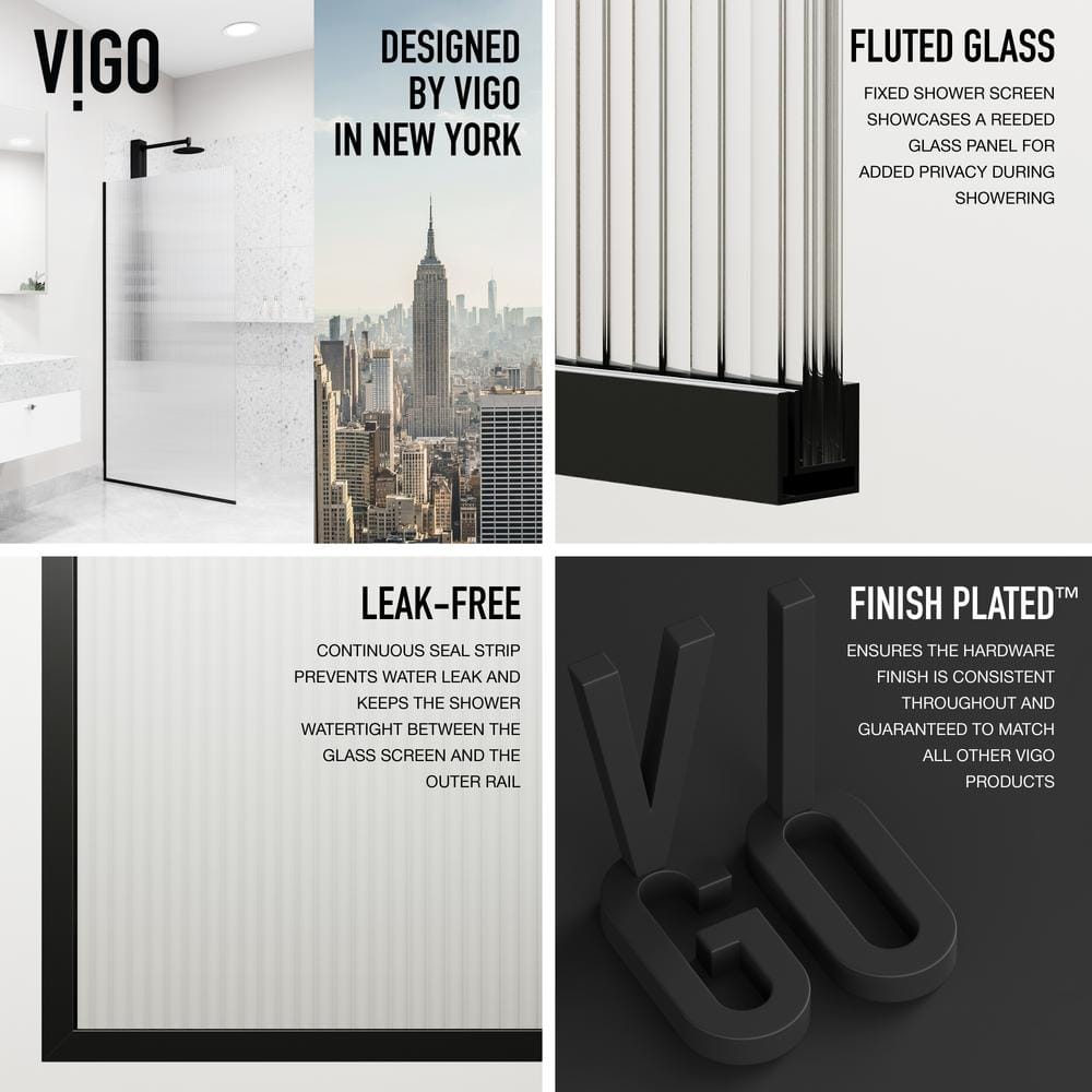 Zenith 34" Matte Black Frameless Fluted Glass Shower Screen