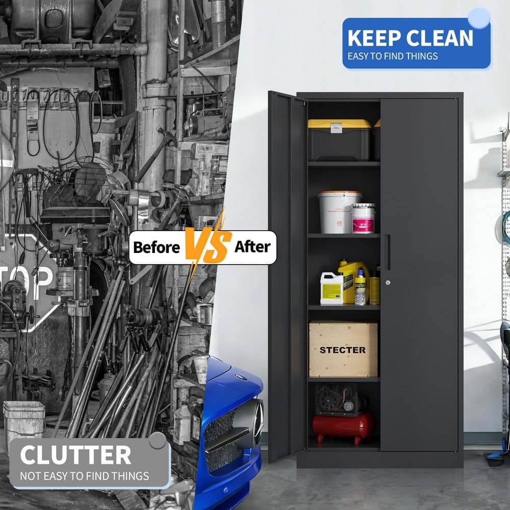 Before and after comparison of cluttered and organized storage.
