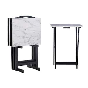 Natalia 18.9"L Black 26.38"H Rectangle Wood White Faux Marble Top Folding Tray Table Set (4 Tables and 1 Storage Stand)