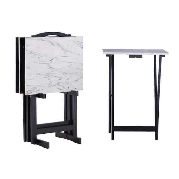 Linon Home Decor Natalia 18.9"L Black 26.38"H Rectangle Wood White Faux Marble Top Folding Tray Table Set (4 Tables and 1 Storage Stand)