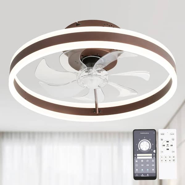 Oaks Aura 20 in. Integrated LED Indoor Brown Modern Flush Mount Low Profile Ceiling Fan with Light, Smart App Remote Control