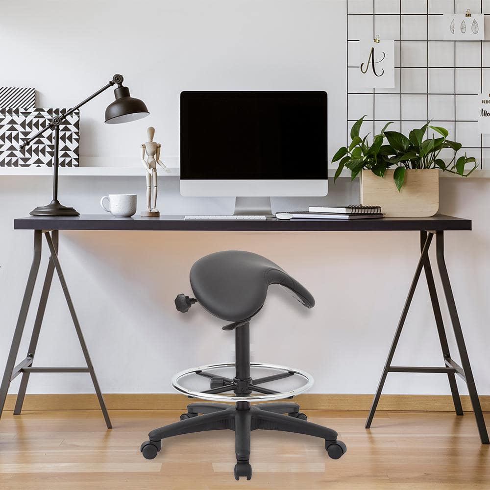 Dillon Black Leather and Vinyl Swivel Drafting Stool with Metal Base