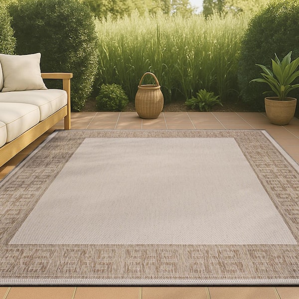 Athena Classic Geometric Border Cream/Beige 4 ft. x 6 ft. Indoor/Outdoor Area Rug