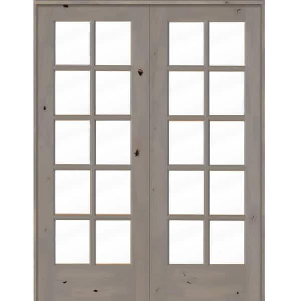 Krosswood Doors 60 in. x 80 in. Knotty Alder Universal/Reversible 10-Lite Clear Glass Grey Stain Wood Double Prehung French Door