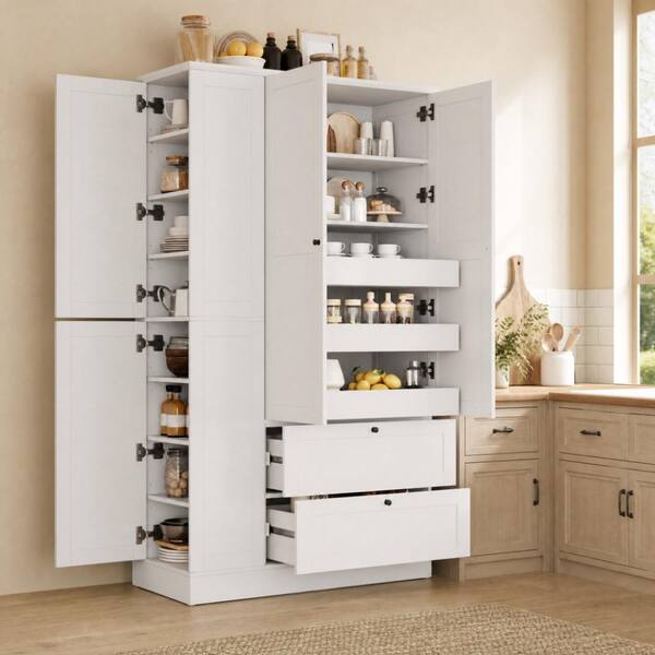 73.6" Tall White Farmhouse Kitchen Pantry Cabinet with 8 Shelves, 2 Drawers, 3 Pull-Out Trays, 4 Doors and Side Cabinets
