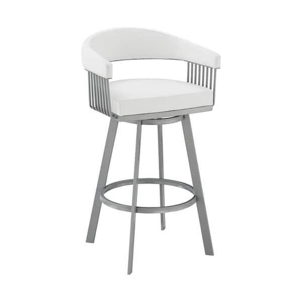 Armen Living Chelsea 26 in. White/Silver High Back Metal Swivel Counter Stool with Faux Leather Seat