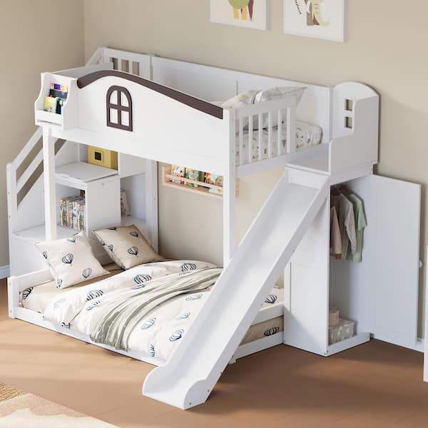 Harper & Bright Designs White and Espresso Twin Over Full Wood Bunk Bed ...