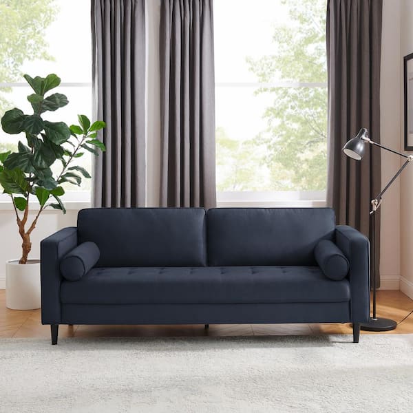 MINIMORE Zakari 81.5 in. W Square Arm Velvet Mid-Century 3-Seat Straight Sofa with Solid wood Legs in Blue