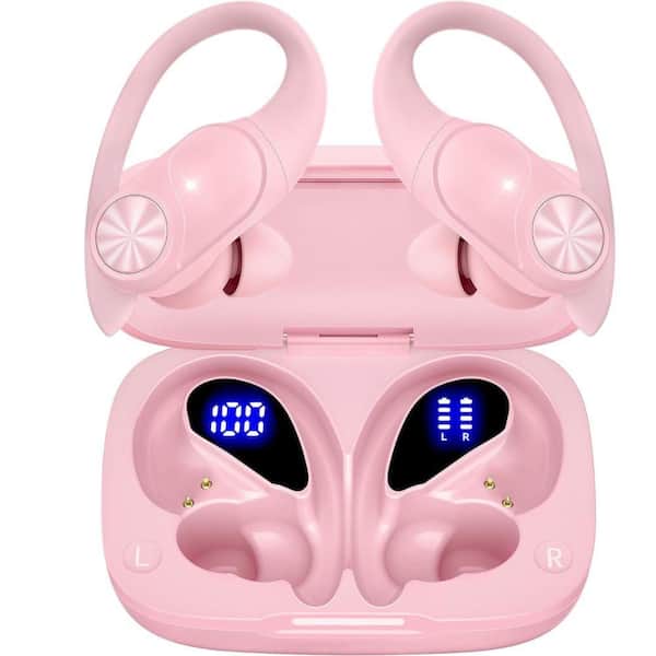 Etokfoks Premium Deep Bass IPX7 Wireless Earbuds with Wireless Charging Case Digital Display, Pink