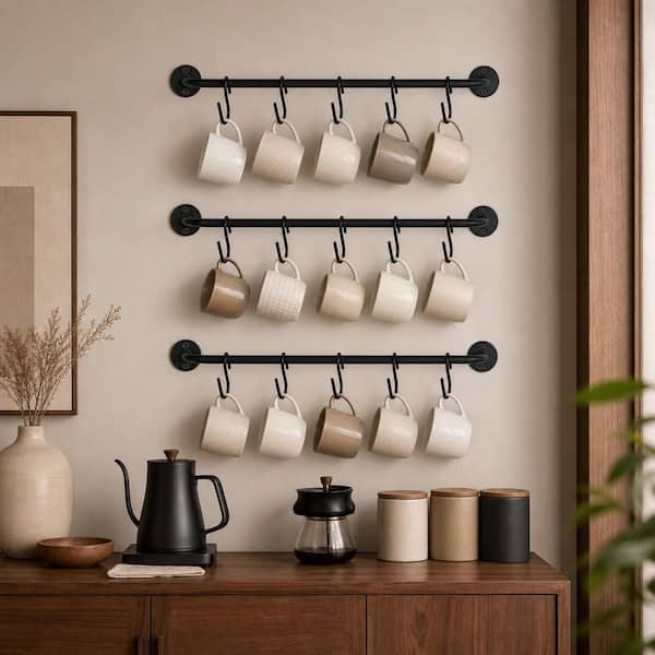 3-Pack 17 in. Black Wall Mounted Mug Holder with 15 Mug Hooks, Coffee Cup Rack Hanger, TeaCups Storage Organizer