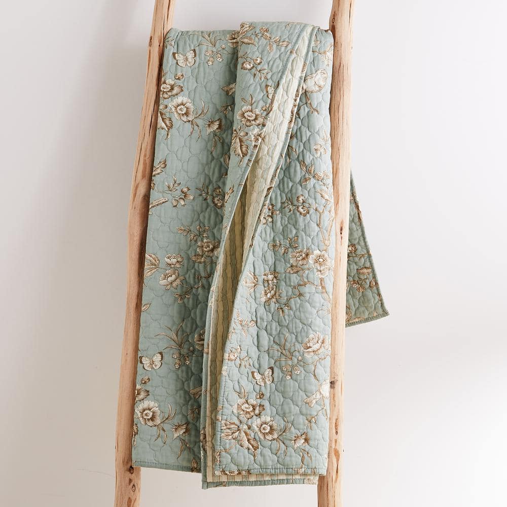 Teal and Cream Floral Quilted Cotton Reversible Throw
