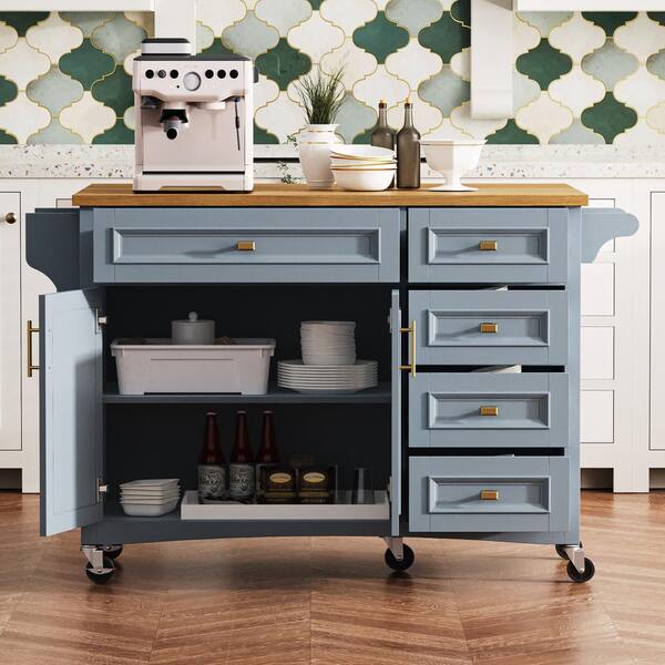 XL エルドレッソ KEEP RUNNING FOR BEER T グレーセット Coporesell Blue Grey Oak Veneer Kitchen Cart with Drop Leaf and