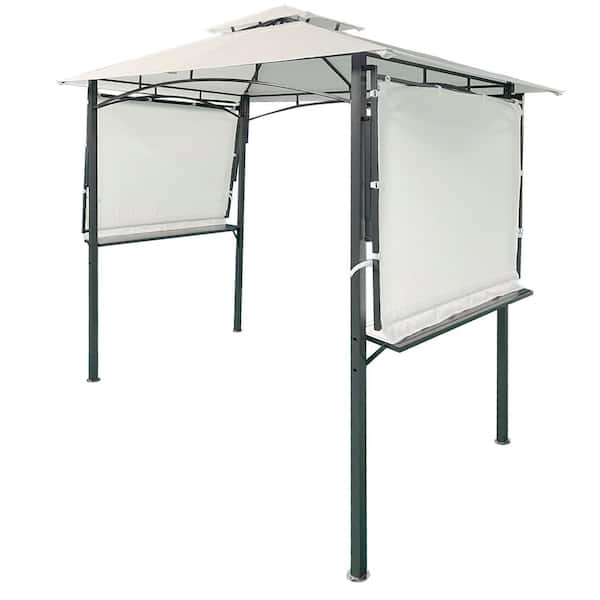 Unbranded 13 ft. L x 4.5 ft. W Metal White Double Tiered Patio BBQ Grill Gazebo with Bar Counters and Extendable Shades