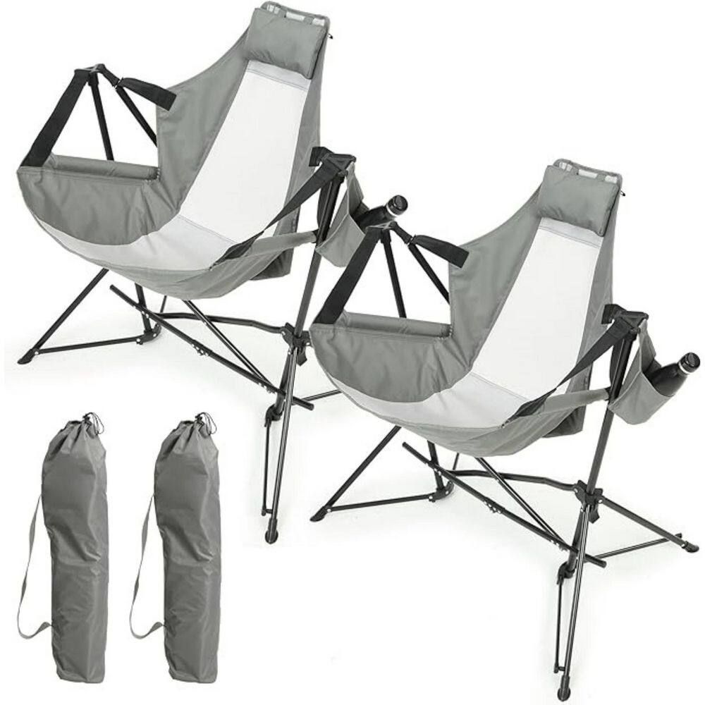 2-Piece Grey Metal Folding Lawn Chair, Outdoor Hammock Camping Chair with Adjustable Back, Pillow Cup Holder Carry Bag price history on PriceWatchPro