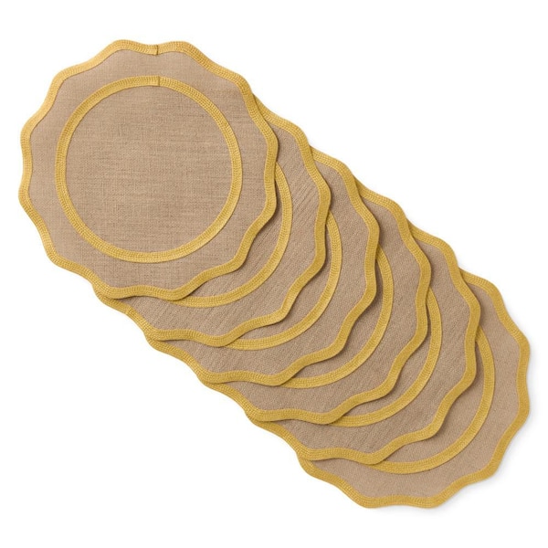 Hessian Textured Wedge Border 15 in. x 15 in. Round Natural/Mustard Yellow Jute Placemat Set (6-Piece)