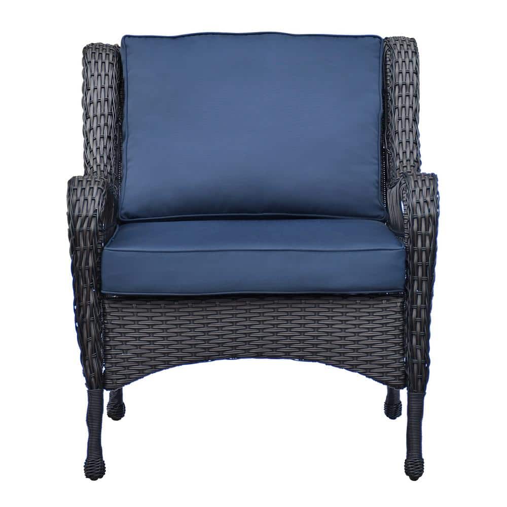 Navy Blue Metal Outdoor Garden Chair, Hand-woven Rattan Lounge Chair with C