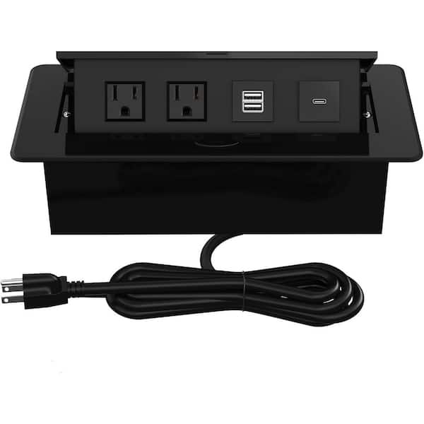 Lukyamzn 2-Outlets 6 ft. Power Cord Pop Up Power Strip with 2 USB-A and 1 USB-C Charging Ports in Black