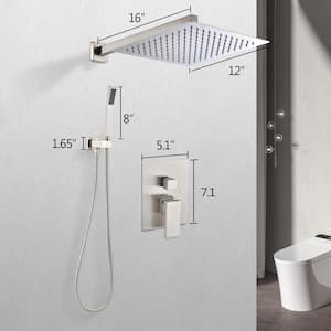 1-Spray Patterns 12 in. Wall Mount Square Rainfall Dual Shower Heads with Handheld in Brushed Nickel