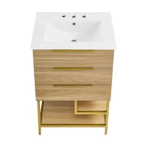 Carre 24 in. W  White Oak Bathroom Vanity in White with 3-Hole Ceramic Sink Top