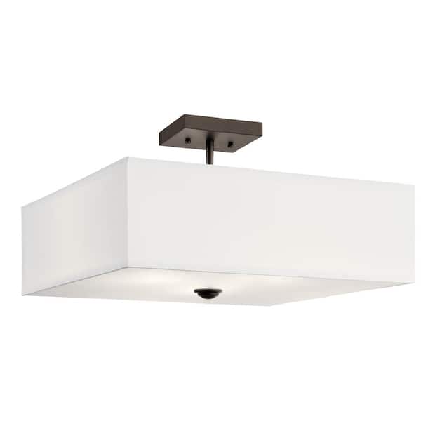 Shailene 18 in. 3-Light Olde Bronze Square Hallway Transitional Semi-Flush Mount Ceiling Light with Microfiber Shade