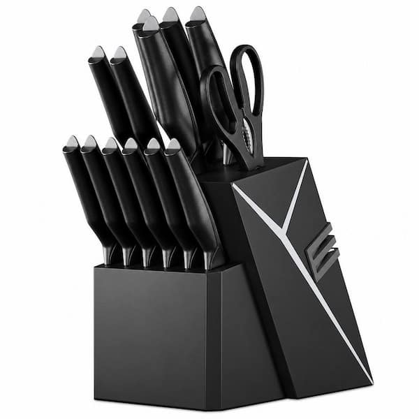 15-Pack Stainless Steel Knife Set with Built-in Knife Sharpener Block for Kitchen, Dishwasher Safe, Black