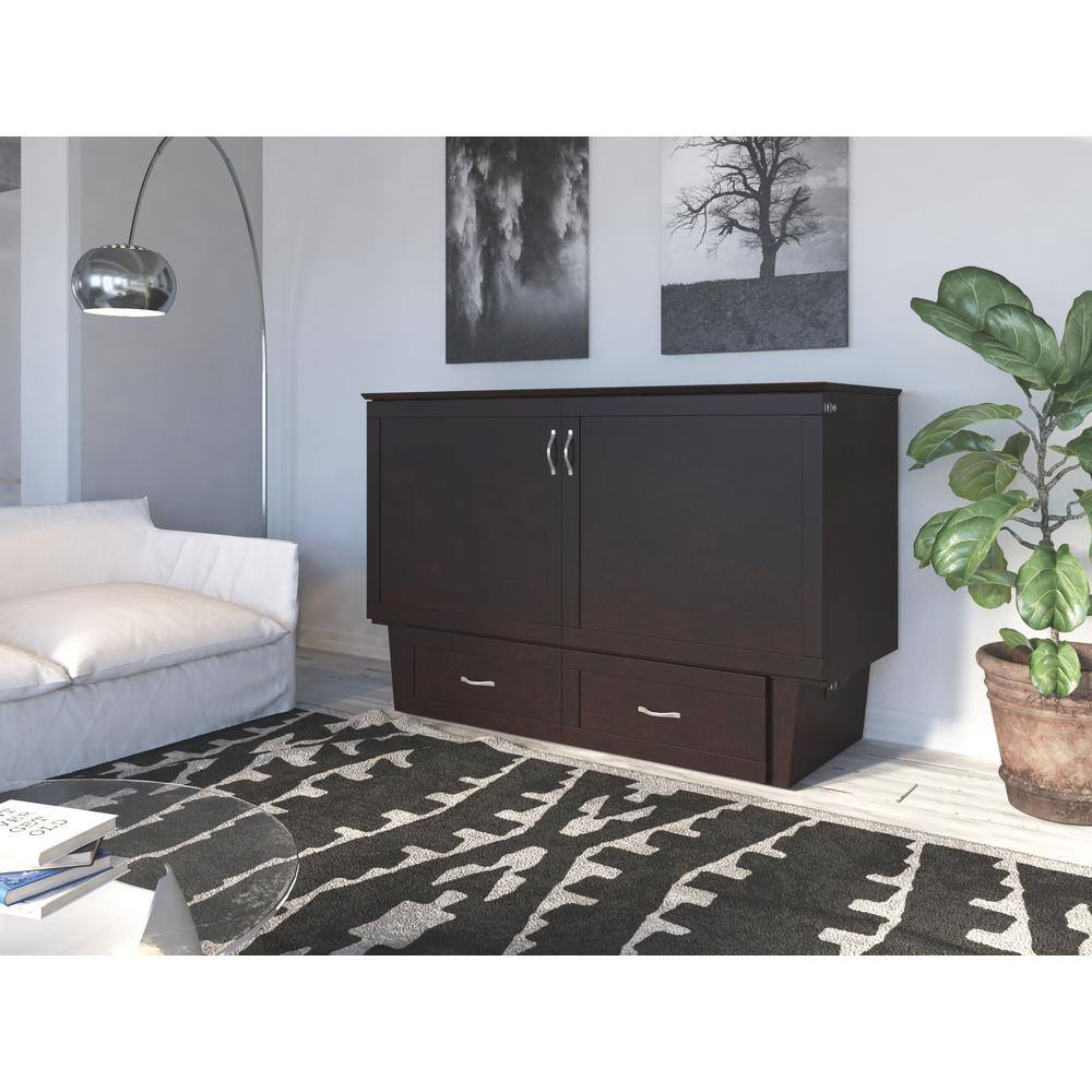 Espresso Queen Murphy Bed Chest with Memory Foam Mattress and USB Charging