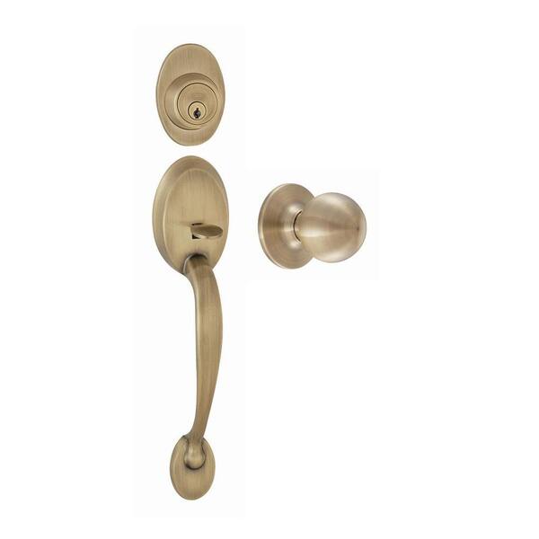 Design House Coventry Antique Brass Handleset with Ball Knob Interior and Single Cylinder Deadbolt