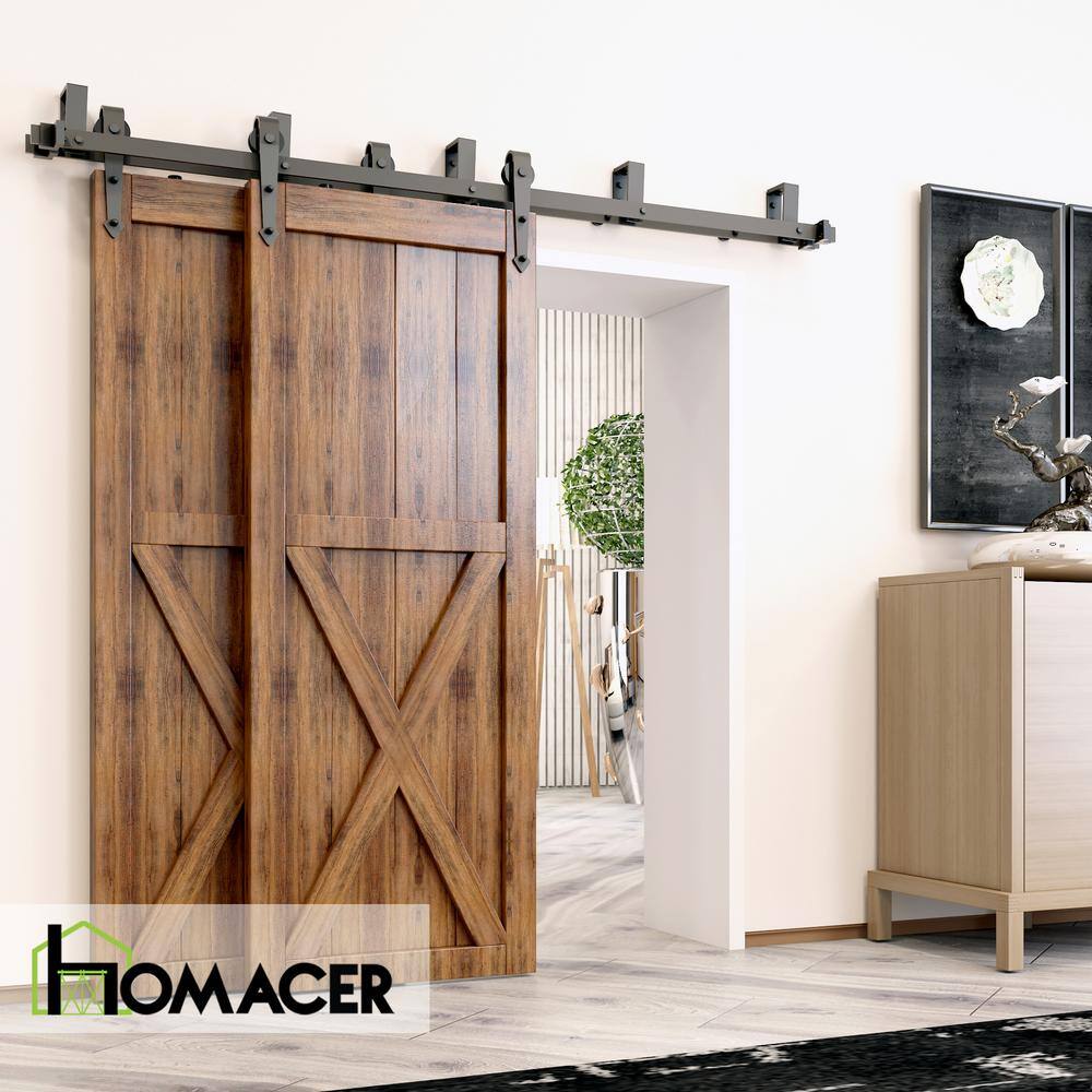Rustic Black Double Track Bypass Sliding Barn Door Hardware Kit, 9ft