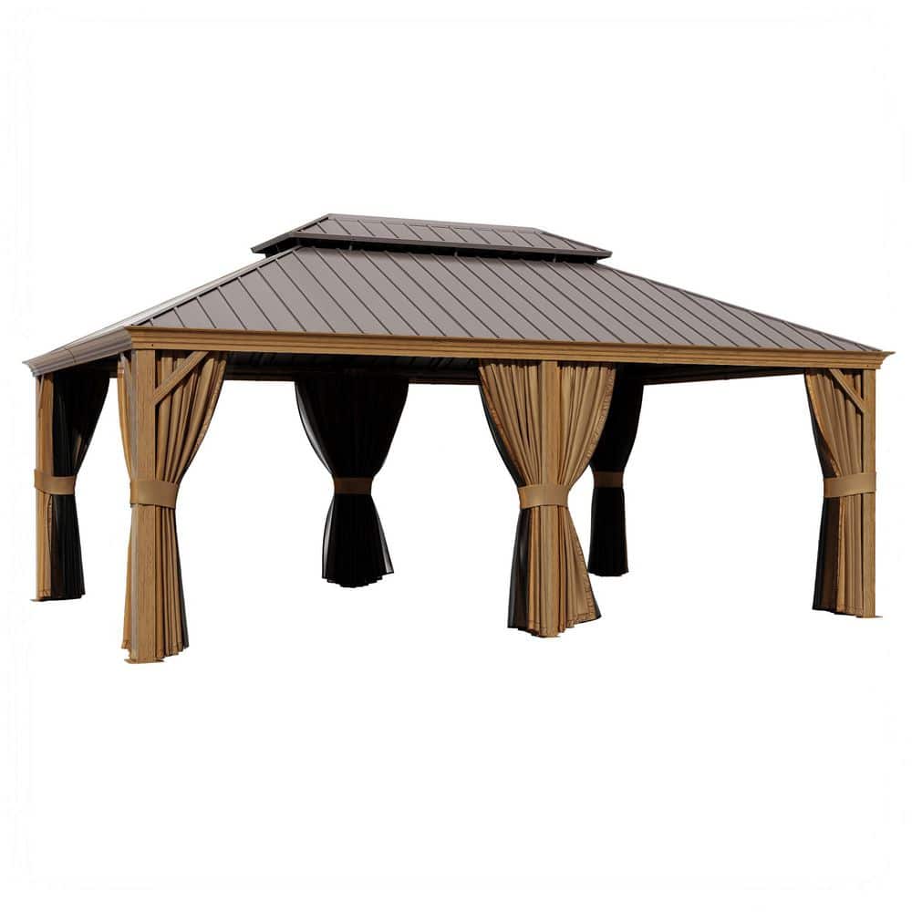 14 ft. x 20 ft. Wood Grain Aluminum Outdoor Gazebo with Double Galvanized Steel Hard Top, Mosquito Netting and Curtains price history on PriceWatchPro