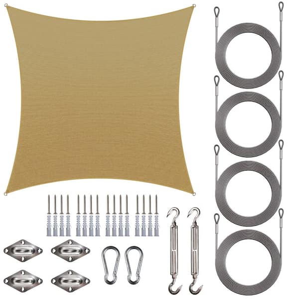 10 ft. x 10 ft. Square Sun Shade Sail with Hardware Kit and Rope-Sand Beige