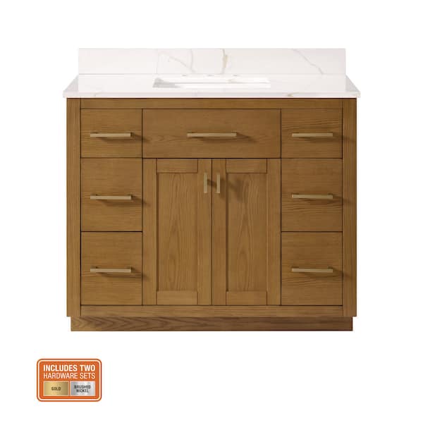 Brockham 42 in. Single Sink Freestanding Bathroom Vanity in Caramel Oak with Calacatta Gold Quartz Top (Assembled)