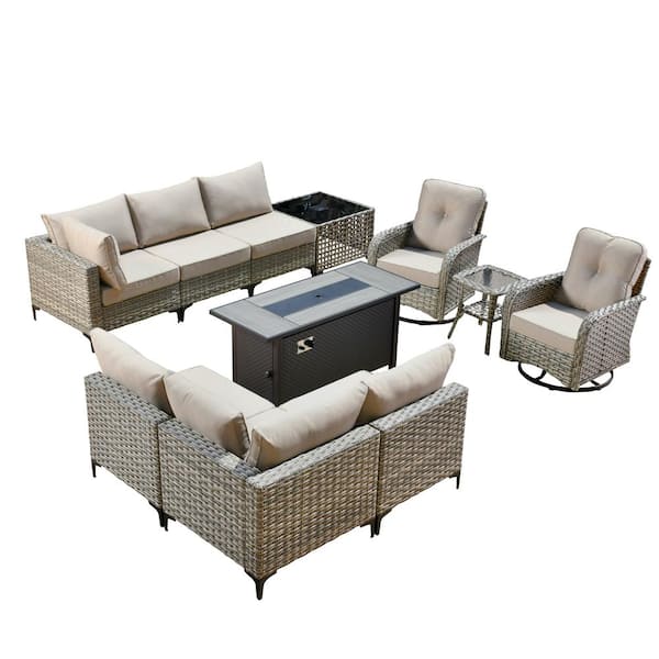 Howell 11-Piece Wicker Outdoor Furniture Patio Fire Pit Conversation Sofa Set with Swivel Chairs and Beige Cushions