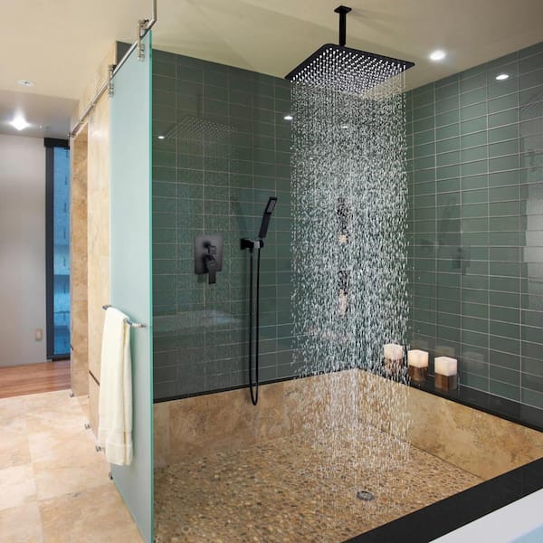 Aca 1-Spray Patterns 12 in. Ceiling Mount Dual Shower Heads with Rough-in Valve Body and Trim in Matte Black