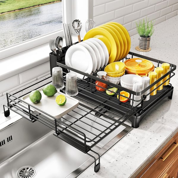 Extendable Large Dish Drying Rack Stainless Steel Drainer with Utensil Holder for Kitchen Counter Black