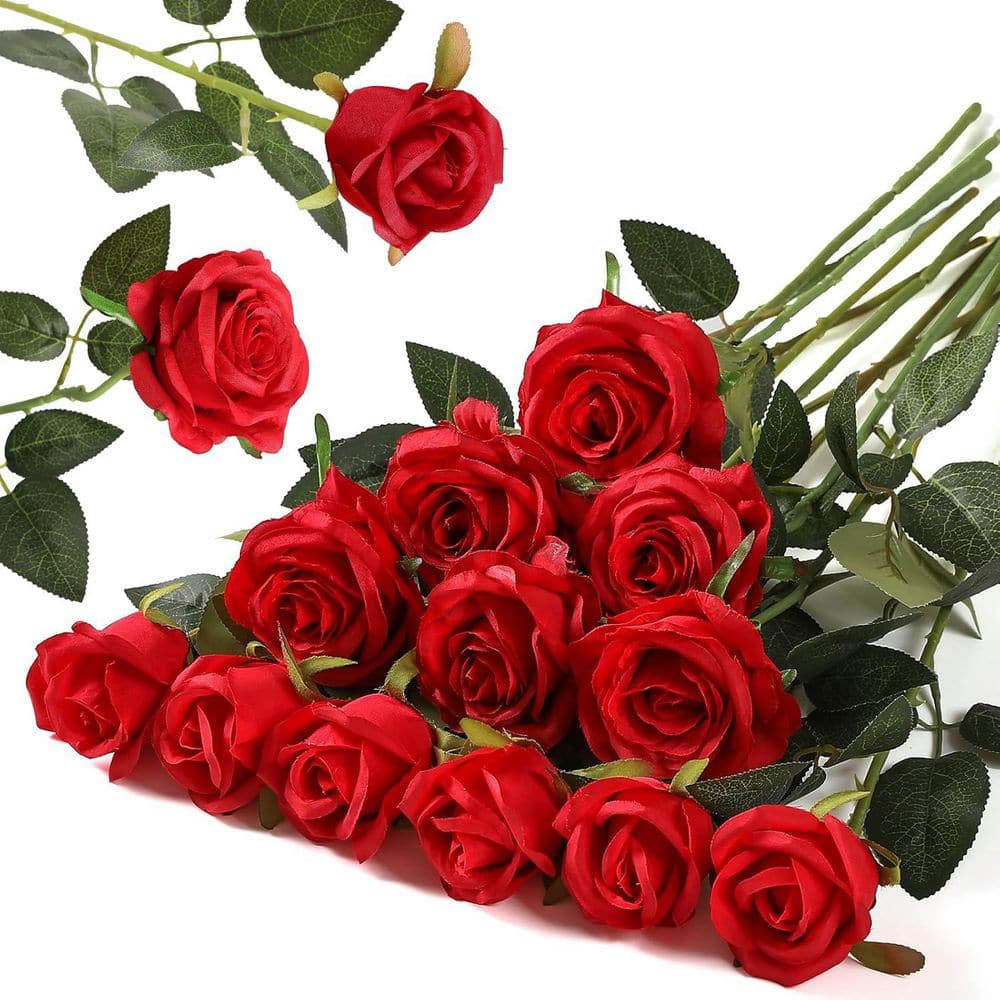 20.5 in. Red Indoor/Outdoor Artificial Rose Flower (12 Pcs