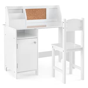 2-Piece Wood Top Kids Desk and Chair Set Study Writing Workstation with Bookshelf and Bulletin Board