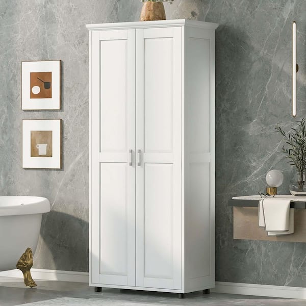 29 in. W x 15 in. D x 71 in. H White Bathroom Linen Cabinet, Office Storage Cabinet with 2-Doors, Adjustable Shelves