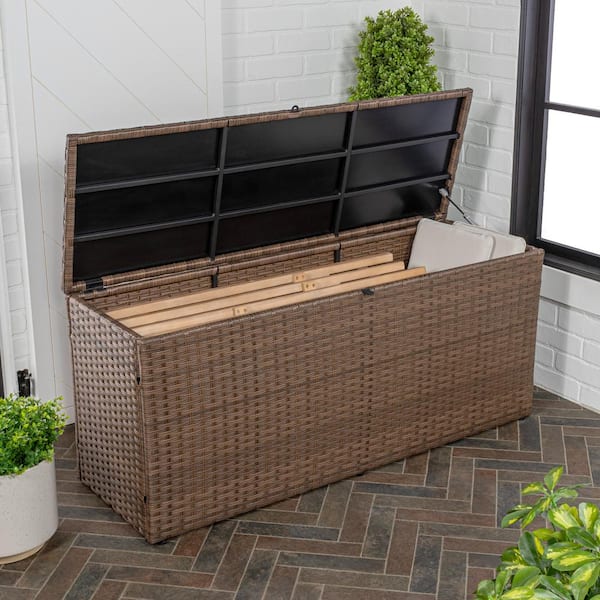 Nino 59.06 in. Modern Minimalist Outdoor Faux Wicker 73 Gal. Patio Storage Deck Box, Brown