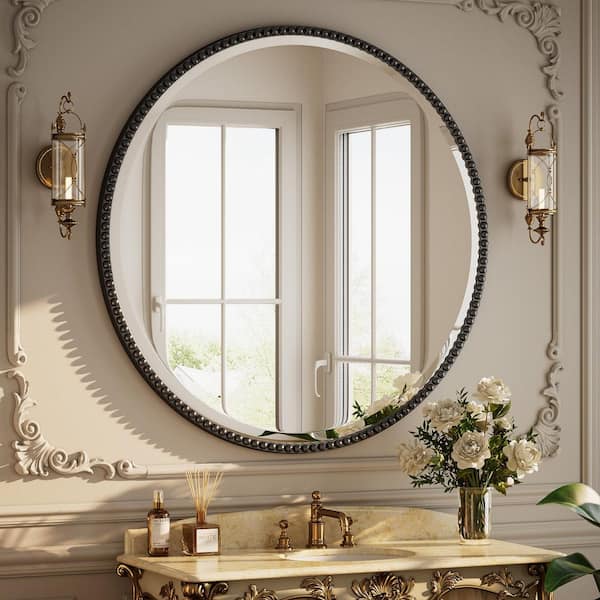 Antique Black 36 in. W x 36 in. H Round With Decoration Vanity Wall Mirror Polyurethane Framed Mirror
