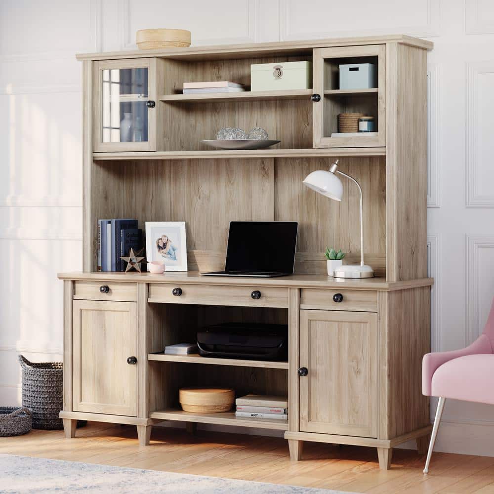 Chalk Oak Office Hutch with Glass Doors and Adjustable Shelves
