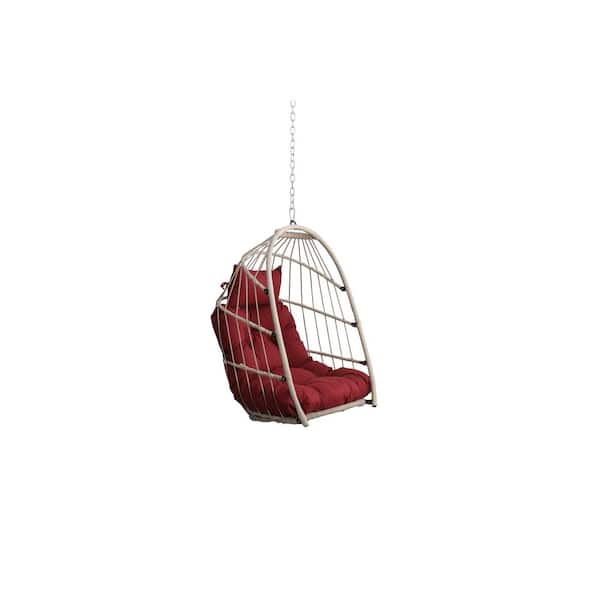 Outdoor Garden Wicker Rattan Egg Swing Chair Hanging Chair Patio Swing Chair with Red Cushion
