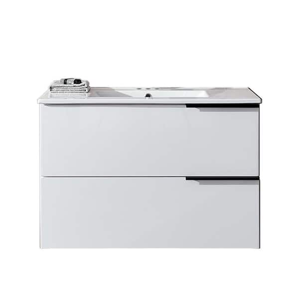 VC CUCINE 36 in. W x 17.91 in. D x 23.62 in. H Wall Mounted Bathroom Vanity in White with Black Pull Handle with White Sink