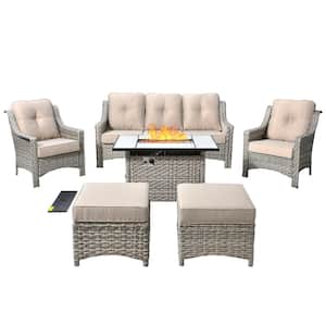 Verona Grey 6-Piece Wicker Outdoor Patio Conversation Sofa Seating Set with a Rectangle Fire Pit and Beige Cushions