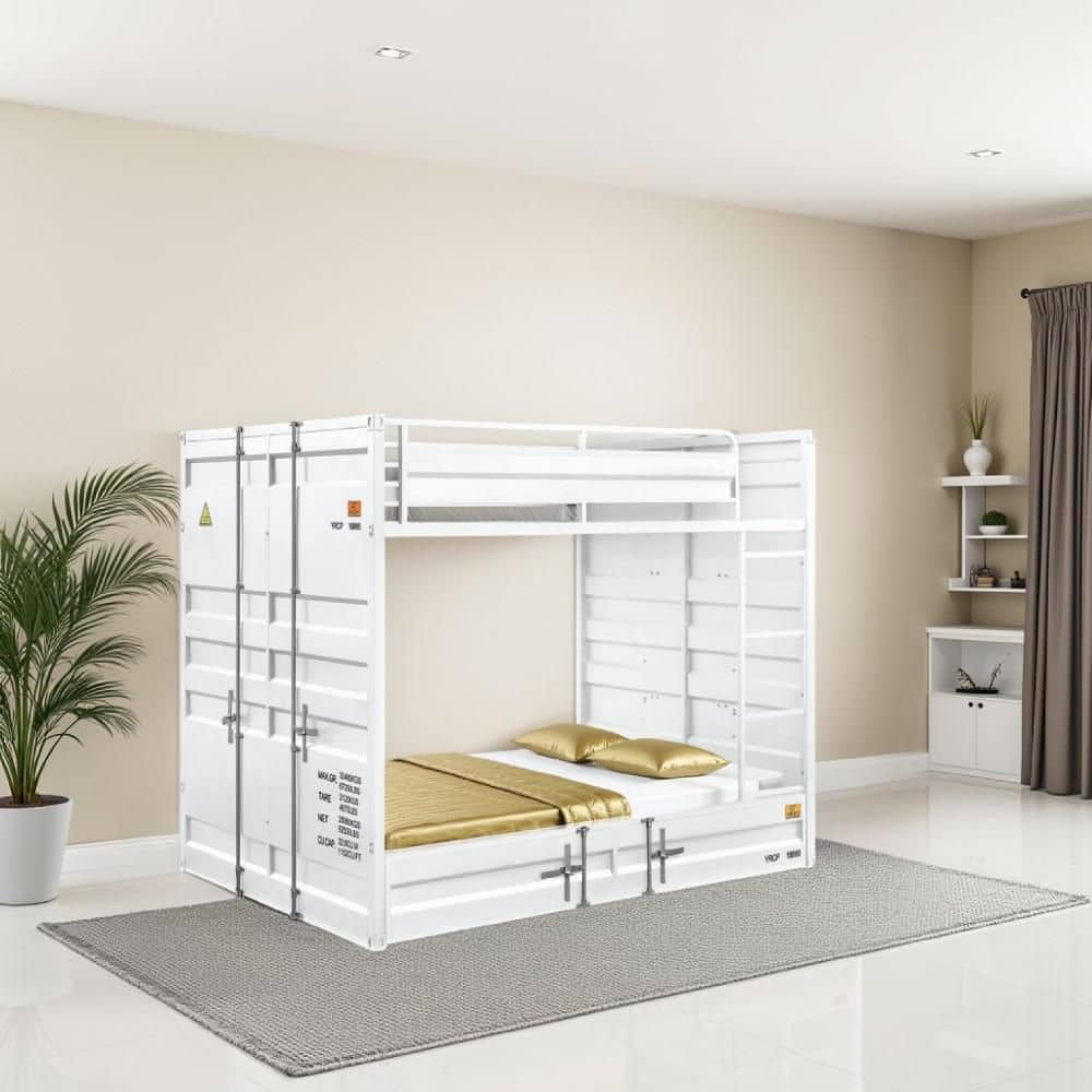 Modern White Full Bunk Bed with Recessed Panel Design