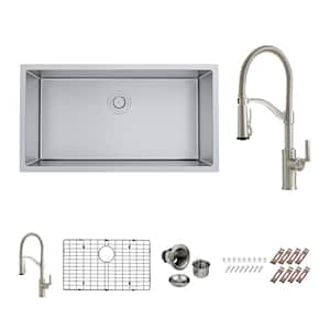Bryn Stainless Steel 16- Gauge 33 in. Single Bowl Undermount Kitchen Sink with Farmhouse Faucet, Bottom Grid, Drain